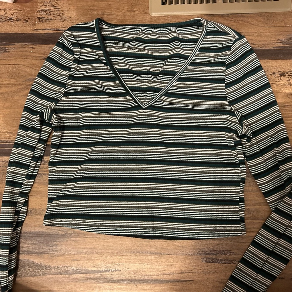 Striped V-Neck Long Sleeve Top - Green